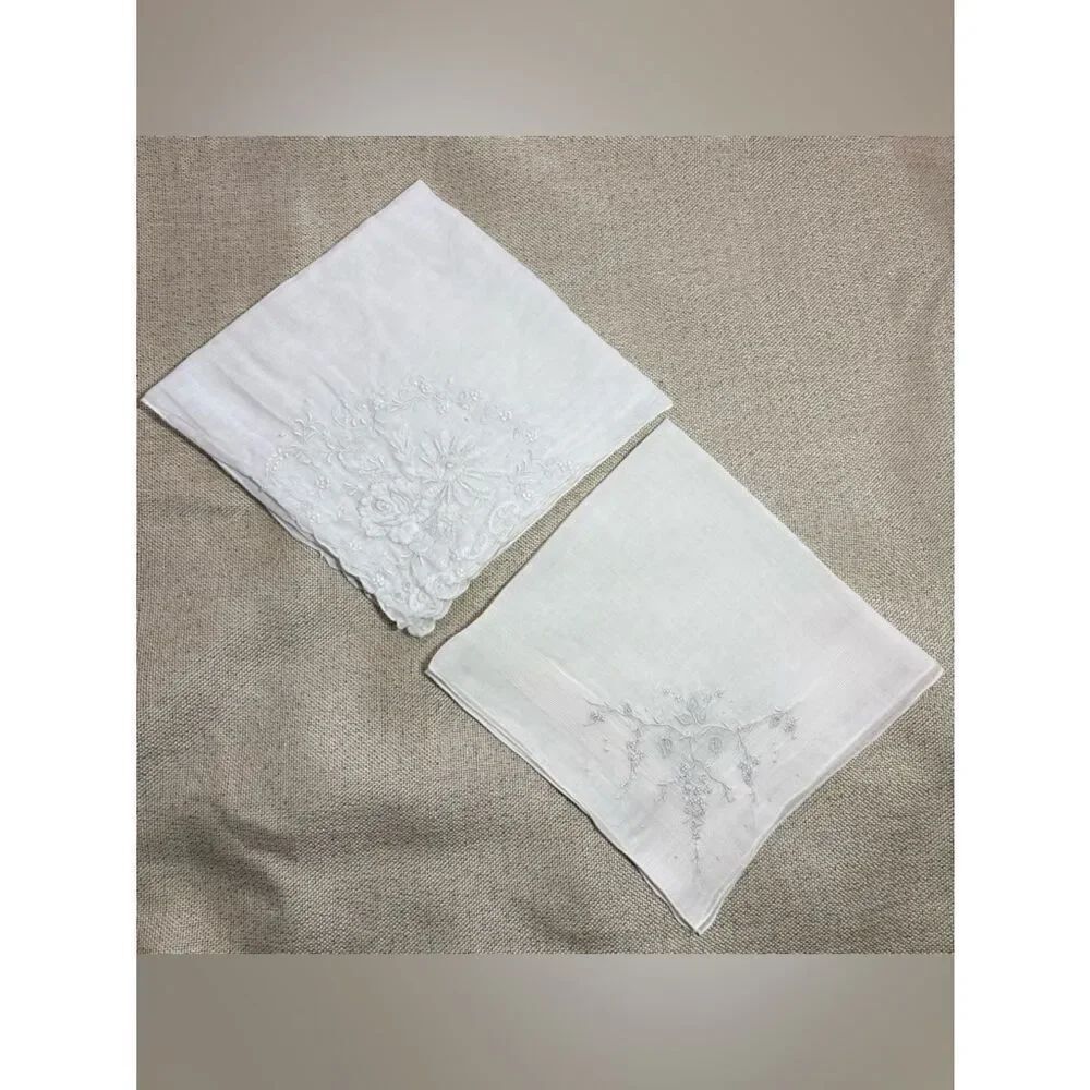 Vintage White Handkerchiefs (2) Embroidered Floral Corners Linen Cotton Hankies